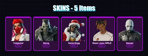 [PC/XBOX/PSN] | Yulejacket | Garog | Santa Dogg | Slayer Juice WRLD | Samael | 5 skin | 12 pickaxe | 4 emote | 8 glider | Lv72