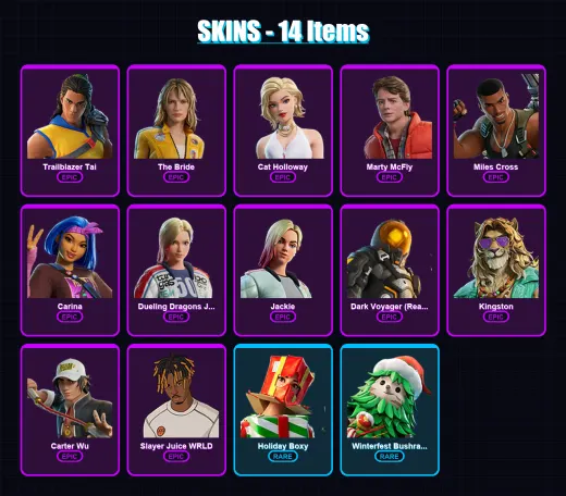 [PC/PSN] | Trailblazer Tai | The Bride | Cat Holloway | Marty McFly | Miles Cross | 14 skin | 31 pickaxe | 16 emote | 20 glider | Lv433