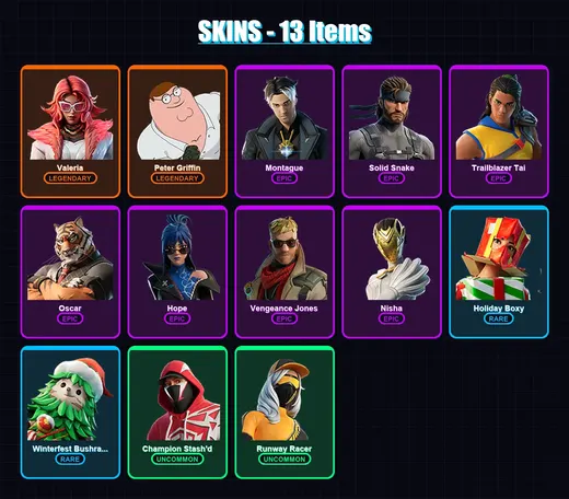 [PC/XBOX/PSN] | Valeria | Peter Griffin | Montague | Solid Snake | Trailblazer Tai | 13 skin | 28 pickaxe | 21 emote | 25 glider | Lv357