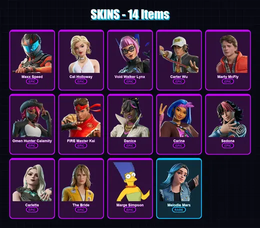 [PC/XBOX/PSN] | Maxx Speed | Cat Holloway | Void Walker Lynx | Carter Wu | Marty McFly | 14 skin | 21 pickaxe | 16 emote | 13 glider | Lv116