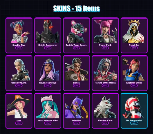 [PC/PSN] | Sparkle Diva | Knight Conqueror | Cuddle Team Specialist | Power Punk | Rebel Oro | 15 skin | 14 pickaxe | 12 emote | 9 glider | Lv43