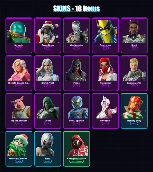 [PC/XBOX/PSN] | Mysterio | Santa Dogg | War Machine | Peelverine | Shuri | 18 skin | 77 pickaxe | 42 emote | 57 glider | Lv1174
