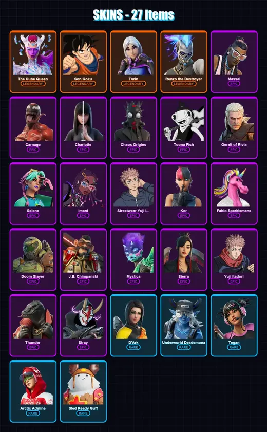 [PS4/PS5/PC] | The Cube Queen | Son Goku | Torin | Renzo the Destroyer | Massai | 27 skin | 33 pickaxe | 25 emote | 27 glider | Lv306 — Game account
