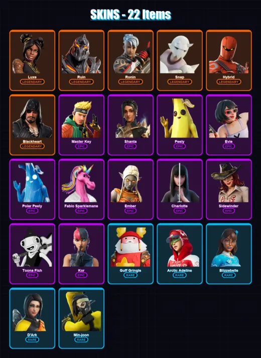 [PC/XBOX/PSN] | Luxe | Ruin | Ronin | Snap | Hybrid | 22 skin | 34 pickaxe | 36 emote | 30 glider | Lv391