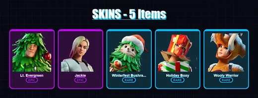 [PC/XBOX/PSN] | Lt. Evergreen | Jackie | Winterfest Bushranger | Holiday Boxy | Wooly Warrior | 5 skin | 19 pickaxe | 12 emote | 21 glider | Lv250
