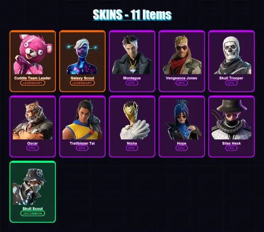 [PC/XBOX] | Cuddle Team Leader | Galaxy Scout | Montague | Vengeance Jones | Skull Trooper | 11 skin | 12 pickaxe | 7 emote | 10 glider | Lv74
