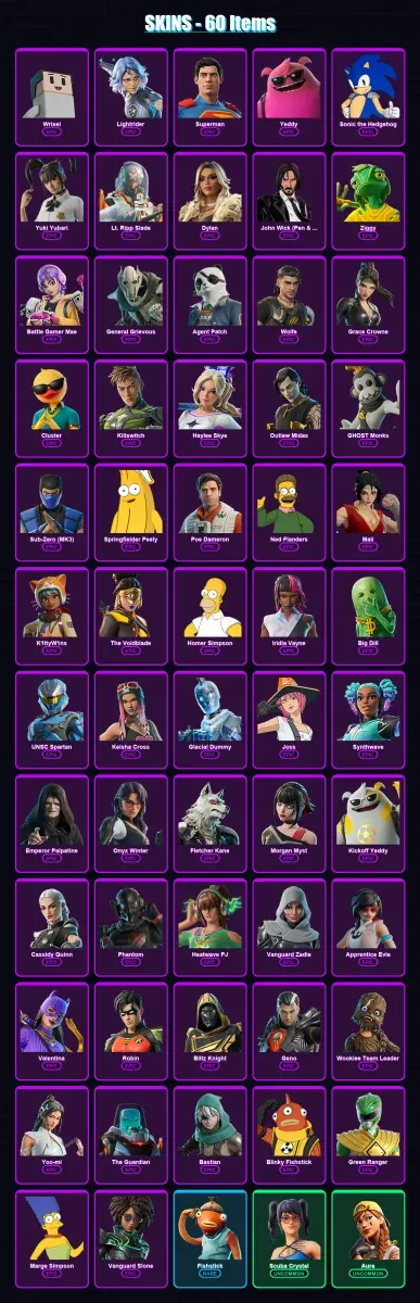 [PC/XBOX/PSN] | Wrixel | Lightrider | Superman | Yeddy | Sonic the Hedgehog | 60 skin | 116 pickaxe | 72 emote | 84 glider | Lv1575