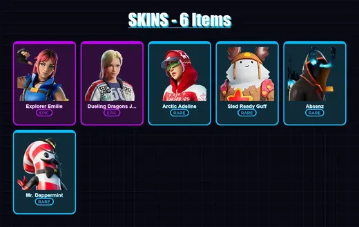 [PC/XBOX] | Explorer Emilie | Dueling Dragons Jackie | Arctic Adeline | Sled Ready Guff | Absenz | 6 skin | 10 pickaxe | 7 emote | 10 glider | Lv72