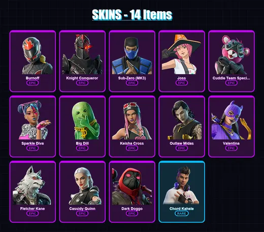 [SWITCH/PSN/PC] | Burnoff | Knight Conqueror | Sub-Zero (MK3) | Joss | Cuddle Team Specialist | 14 skin | 38 pickaxe | 23 emote | 25 glider | Lv353