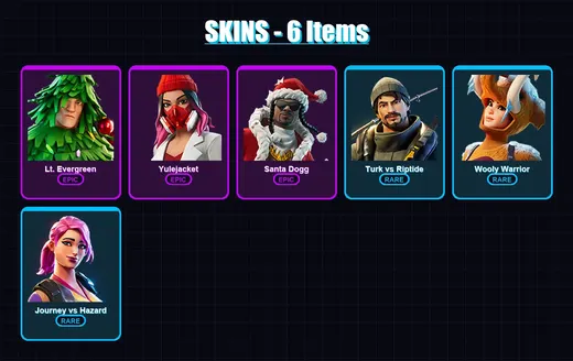 [PC/XBOX/PSN] | Lt. Evergreen | Yulejacket | Santa Dogg | Turk vs Riptide | Wooly Warrior | 6 skin | 10 pickaxe | 5 emote | 8 glider | Lv62