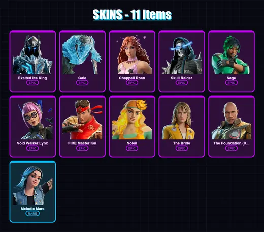 [PS4/PS5/PC] | Exalted Ice King | Gale | Chappell Roan | Skull Raider | Sage | 11 skin | 7 pickaxe | 4 emote | 4 glider | Lv19