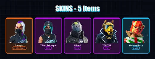 [PC/PSN] | Catalyst | Tilted Teknique | X-Lord | Y0ND3R | Holiday Boxy | 5 skin | 8 pickaxe | 12 emote | 14 glider | Lv145