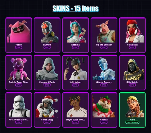 [PC] | Yeddy | Burnoff | Katalina | Pig the Butcher | Yulejacket | 15 skin | 68 pickaxe | 23 emote | 39 glider | Lv434