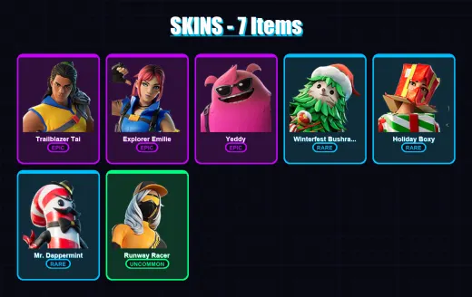 [PC/XBOX/PSN] | Trailblazer Tai | Explorer Emilie | Yeddy | Winterfest Bushranger | Holiday Boxy | 7 skin | 14 pickaxe | 10 emote | 16 glider | Lv20