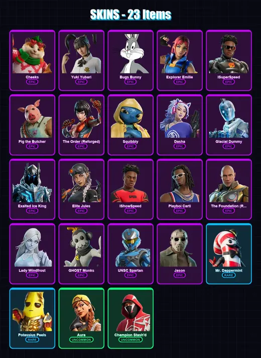 [SWITCH/XBOX/PSN/PC] | Cheeks | Yuki Yubari | Bugs Bunny | Explorer Emilie | ISuperSpeed | 23 skin | 69 pickaxe | 27 emote | 45 glider | Lv1063 — Game account