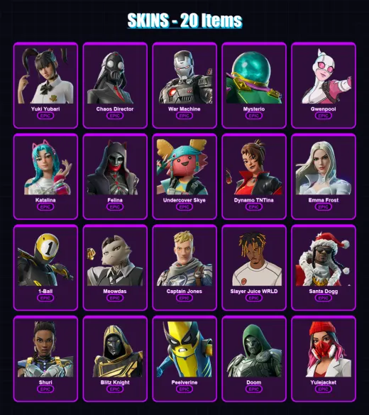 [PC/PSN] | Yuki Yubari | Chaos Director | War Machine | Mysterio | Gwenpool | 20 skin | 70 pickaxe | 31 emote | 42 glider | Lv507