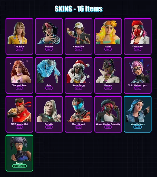 [PC/PSN] | The Bride | Sedona | Carter Wu | Soleil | Yulejacket | 16 skin | 19 pickaxe | 10 emote | 8 glider | Lv84 — Game account