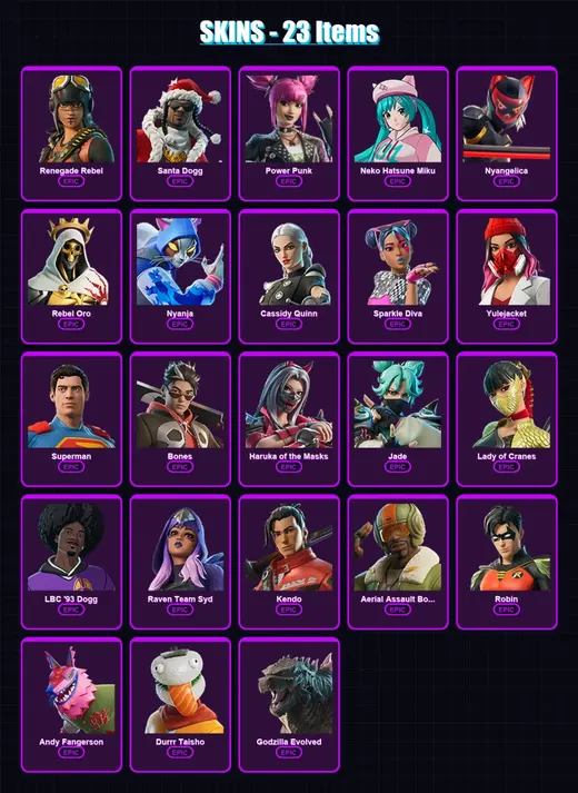 [PC/XBOX/PSN] | Renegade Rebel | Santa Dogg | Power Punk | Neko Hatsune Miku | Nyangelica | 23 skin | 25 pickaxe | 17 emote | 14 glider | Lv72