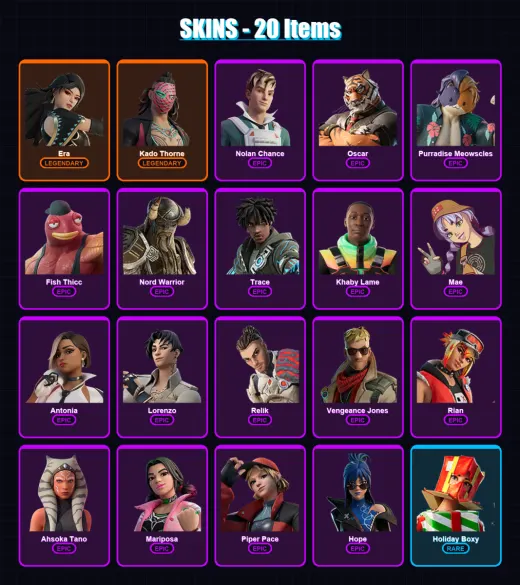 [PC/XBOX/PSN] | Era | Kado Thorne | Nolan Chance | Oscar | Purradise Meowscles | 20 skin | 42 pickaxe | 27 emote | 31 glider | Lv427