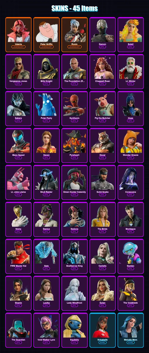 [PC/PSN] | Valeria | Peter Griffin | Ronin | Damon | Soleil | 45 skin | 79 pickaxe | 27 emote | 55 glider | Lv602