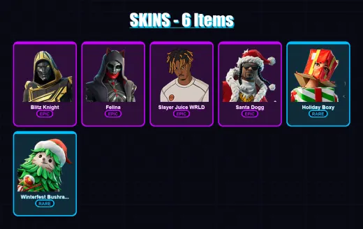 [SWITCH/XBOX/PSN/PC] | Blitz Knight | Felina | Slayer Juice WRLD | Santa Dogg | Holiday Boxy | 6 skin | 53 pickaxe | 23 emote | 35 glider | Lv563