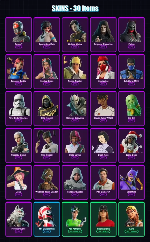[PC/PSN] | Burnoff | Apprentice Evie | Outlaw Midas | Emperor Palpatine | Felina | 30 skin | 79 pickaxe | 46 emote | 52 glider | Lv1311
