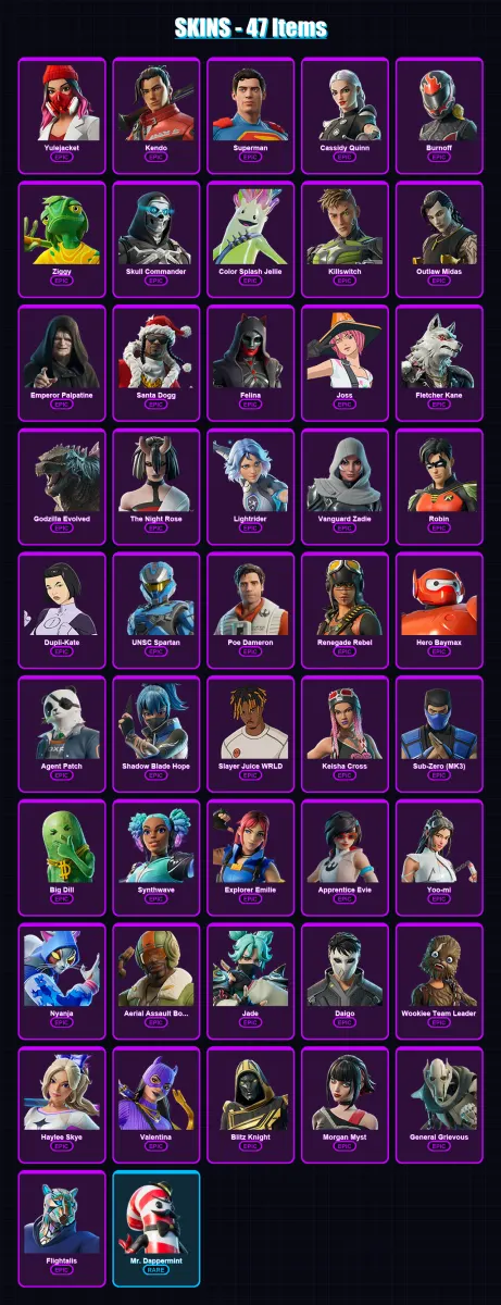 [PC/PSN] | Yulejacket | Kendo | Superman | Cassidy Quinn | Burnoff | 47 skin | 81 pickaxe | 49 emote | 56 glider | Lv892 — Game account