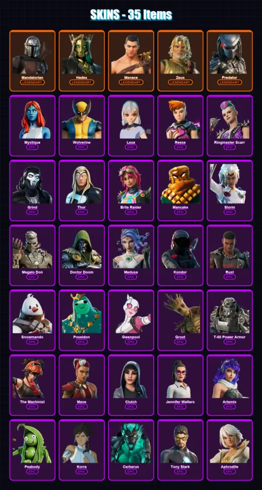 [PC/PSN] | Mandalorian | Hades | Menace | Zeus | Predator | 35 skin | 46 pickaxe | 32 emote | 47 glider | Lv694