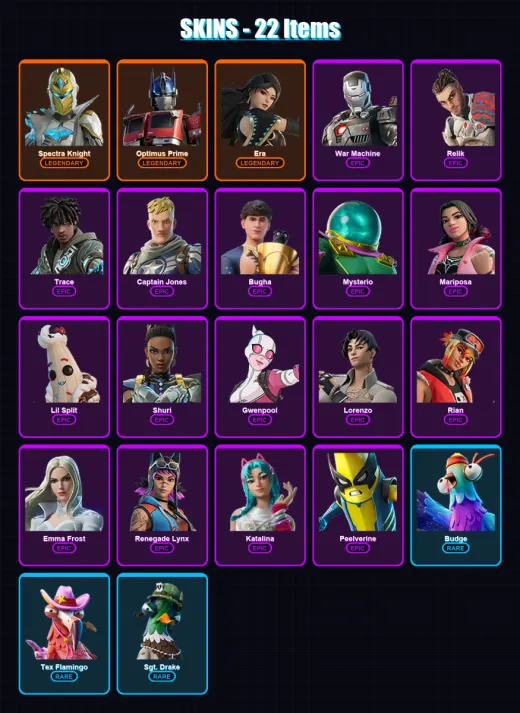 [PC/XBOX/PSN] | Spectra Knight | Optimus Prime | Era | War Machine | Relik | 22 skin | 45 pickaxe | 25 emote | 34 glider | Lv551