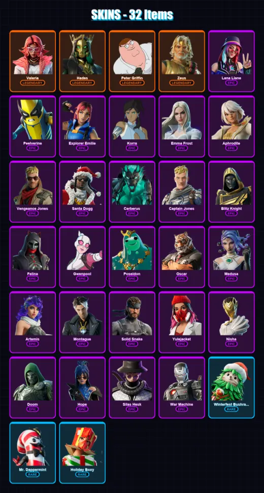 [PC/XBOX/PSN] | Valeria | Hades | Peter Griffin | Zeus | Lana Llane | 32 skin | 68 pickaxe | 45 emote | 50 glider | Lv717