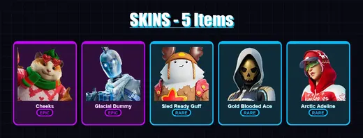 [PC/XBOX/PSN] | Cheeks | Glacial Dummy | Sled Ready Guff | Gold Blooded Ace | Arctic Adeline | 5 skin | 35 pickaxe | 12 emote | 27 glider | Lv445