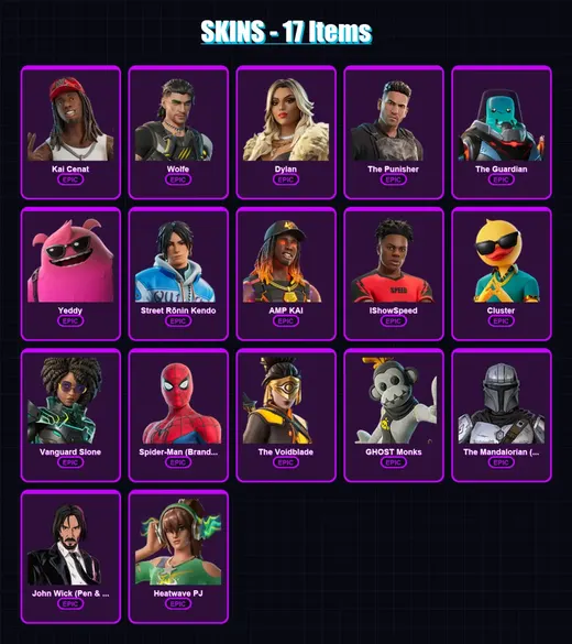 [PC/XBOX] | Kai Cenat | Wolfe | Dylan | The Punisher | The Guardian | 17 skin | 26 pickaxe | 21 emote | 19 glider | Lv320 — Game account