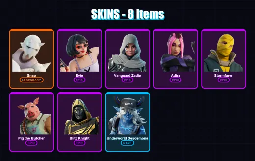 [PC/XBOX/PSN] | Snap | Evie | Vanguard Zadie | Adira | Stormfarer | 8 skin | 41 pickaxe | 12 emote | 31 glider | Lv441