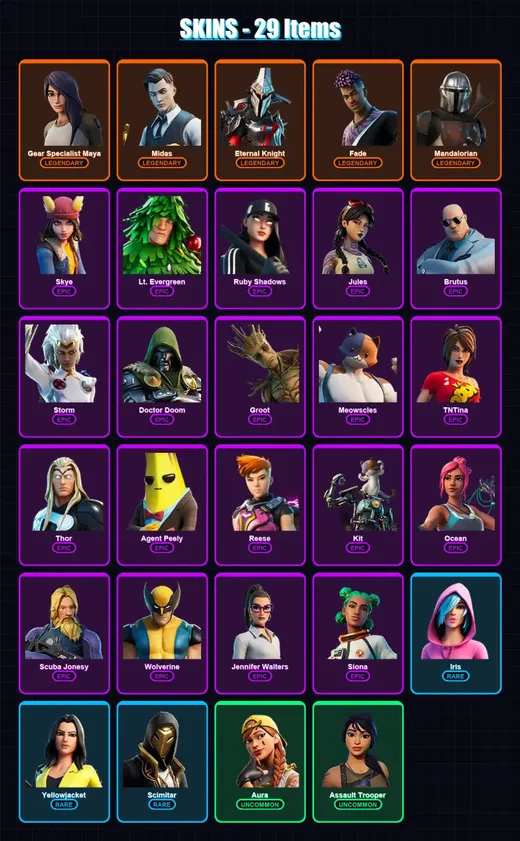 [PC/XBOX] | Gear Specialist Maya | Midas | Eternal Knight | Fade | Mandalorian | 29 skin | 33 pickaxe | 34 emote | 38 glider | Lv539