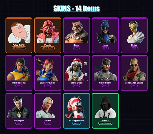 [PC/XBOX/PSN] | Peter Griffin | Valeria | Oscar | Hope | Nisha | 14 skin | 14 pickaxe | 13 emote | 15 glider | Lv231