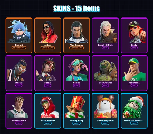 [PC/XBOX/PSN] | Nezumi | Joltara | The Ageless | Geralt of Rivia | Dusty | 15 skin | 12 pickaxe | 16 emote | 15 glider | Lv127