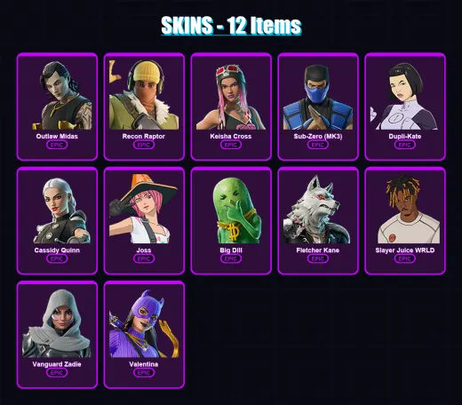 [PC/PSN] | Outlaw Midas | Recon Raptor | Keisha Cross | Sub-Zero (MK3) | Dupli-Kate | 12 skin | 27 pickaxe | 20 emote | 19 glider | Lv289