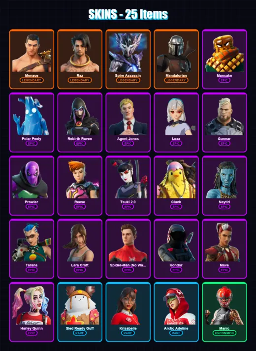 [PC/XBOX] | Menace | Raz | Spire Assassin | Mandalorian | Mancake | 25 skin | 39 pickaxe | 26 emote | 43 glider | Lv542