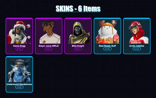 [PC/PSN] | Santa Dogg | Slayer Juice WRLD | Blitz Knight | Sled Ready Guff | Arctic Adeline | 6 skin | 31 pickaxe | 15 emote | 17 glider | Lv288