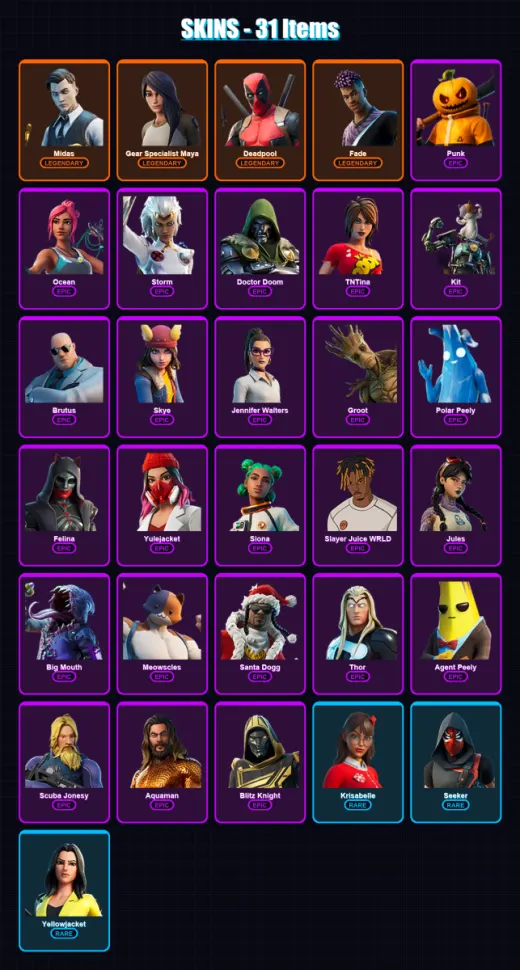 [PS4/PS5/XBOX/PC] | Midas | Gear Specialist Maya | Deadpool | Fade | Punk | 31 skin | 72 pickaxe | 54 emote | 49 glider | Lv798