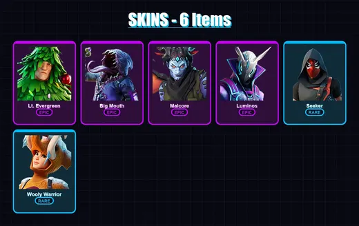 [PC/XBOX/PSN] | Lt. Evergreen | Big Mouth | Malcore | Luminos | Seeker | 6 skin | 8 pickaxe | 14 emote | 8 glider | Lv138