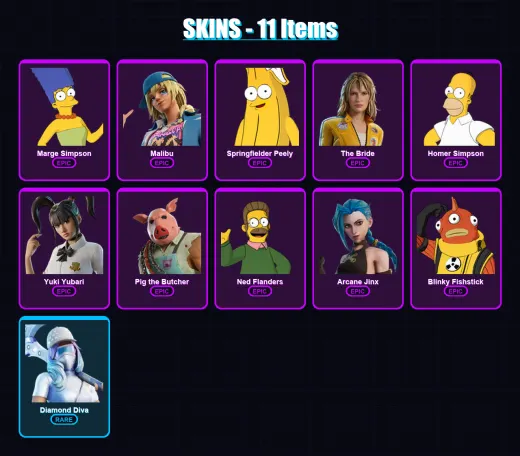 [PC/XBOX/PSN] | Marge Simpson | Malibu | Springfielder Peely | The Bride | Homer Simpson | 11 skin | 32 pickaxe | 13 emote | 20 glider | Lv159