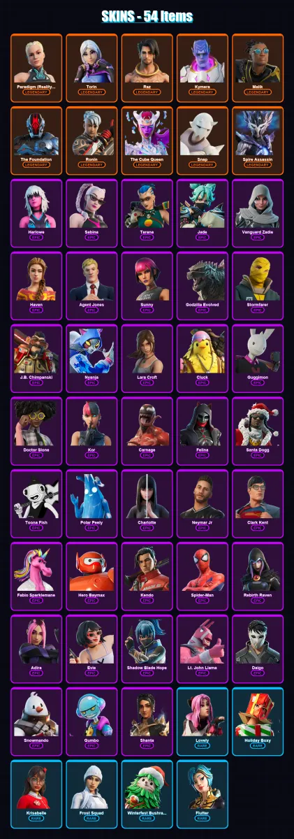[PS4/PS5/XBOX/PC] | Paradigm (Reality-659) | Torin | Raz | Kymera | Malik | 54 skin | 102 pickaxe | 62 emote | 85 glider | Lv1301