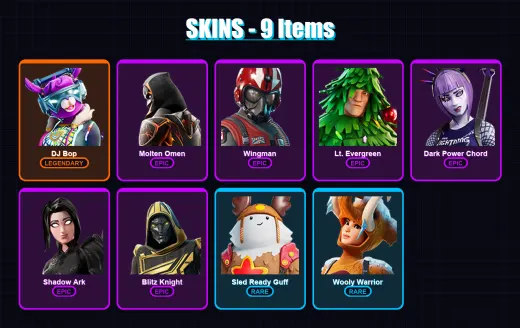 [PC/XBOX/PSN] | DJ Bop | Molten Omen | Wingman | Lt. Evergreen | Dark Power Chord | 9 skin | 10 pickaxe | 11 emote | 12 glider | Lv97