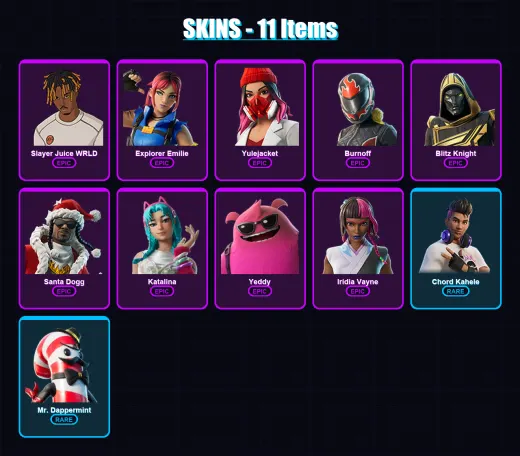 [PC/PSN] | Slayer Juice WRLD | Explorer Emilie | Yulejacket | Burnoff | Blitz Knight | 11 skin | 32 pickaxe | 13 emote | 14 glider | Lv192