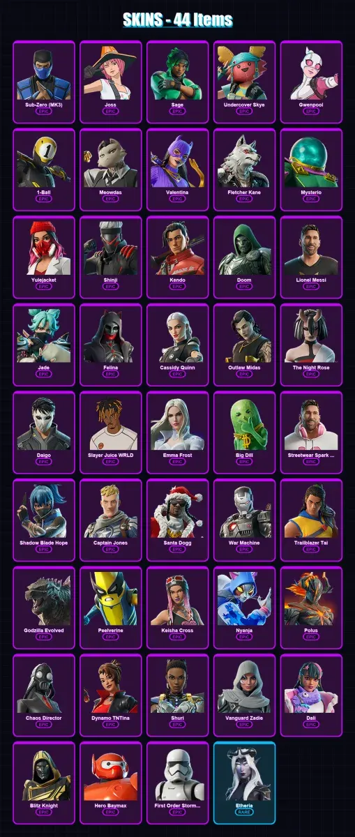 [PC/XBOX/PSN] | Sub-Zero (MK3) | Joss | Sage | Undercover Skye | Gwenpool | 44 skin | 94 pickaxe | 55 emote | 69 glider | Lv1329