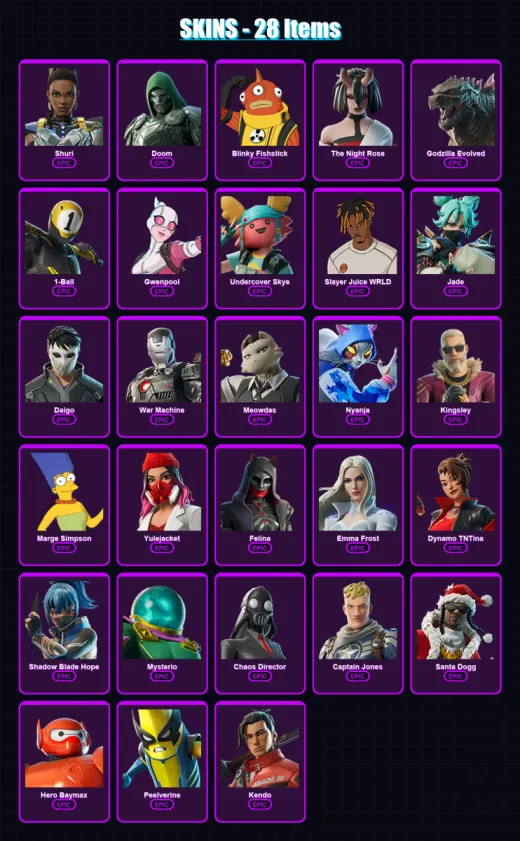 [PS4/PS5/XBOX/PC] | Shuri | Doom | Blinky Fishstick | The Night Rose | Godzilla Evolved | 28 skin | 44 pickaxe | 29 emote | 30 glider | Lv411