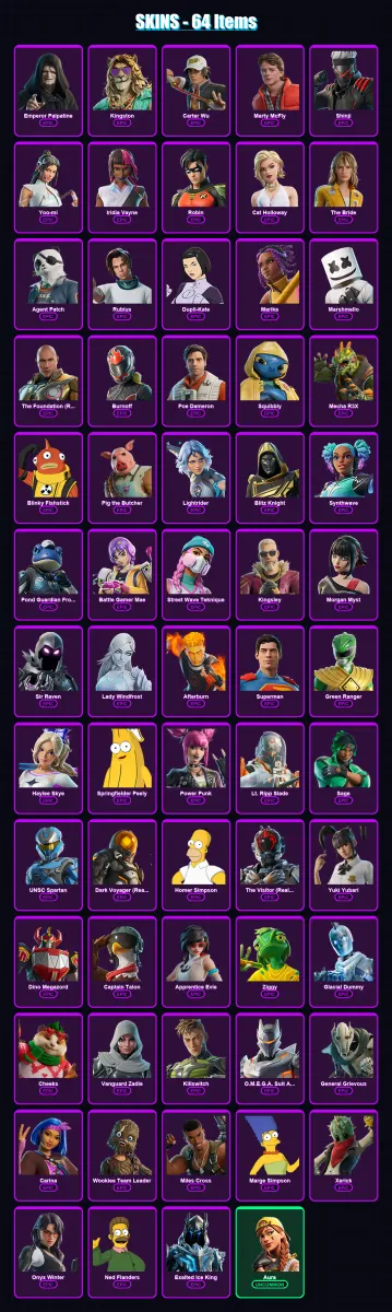 [PS4/PS5/XBOX/PC] | Emperor Palpatine | Kingston | Carter Wu | Marty McFly | Shinji | 64 skin | 112 pickaxe | 81 emote | 70 glider | Lv1476
