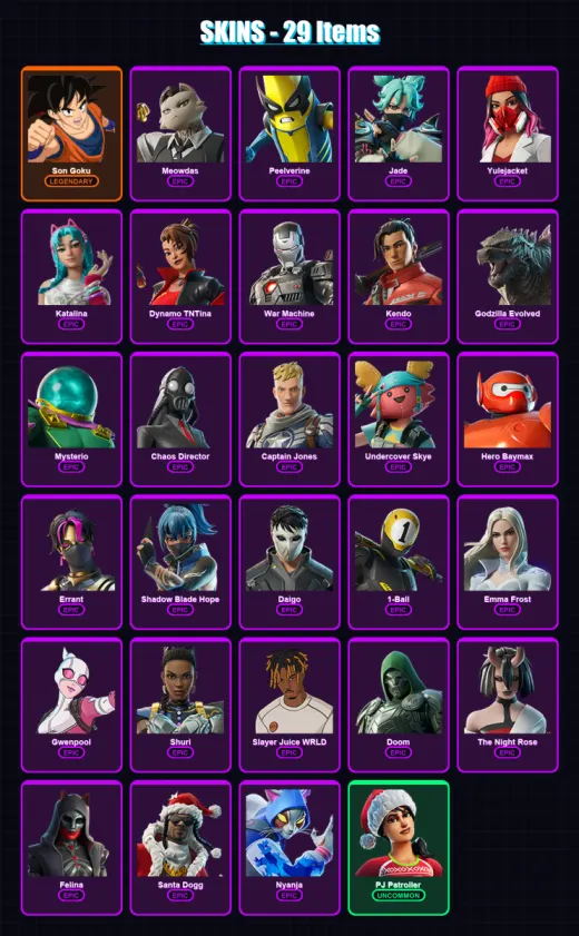 [PS4/PS5/XBOX/PC] | Son Goku | Meowdas | Peelverine | Jade | Yulejacket | 29 skin | 74 pickaxe | 41 emote | 50 glider | Lv576
