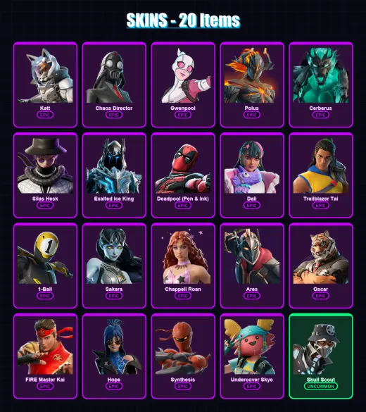 [PC/XBOX/PSN] | Katt | Chaos Director | Gwenpool | Polus | Cerberus | 20 skin | 31 pickaxe | 11 emote | 14 glider | Lv149